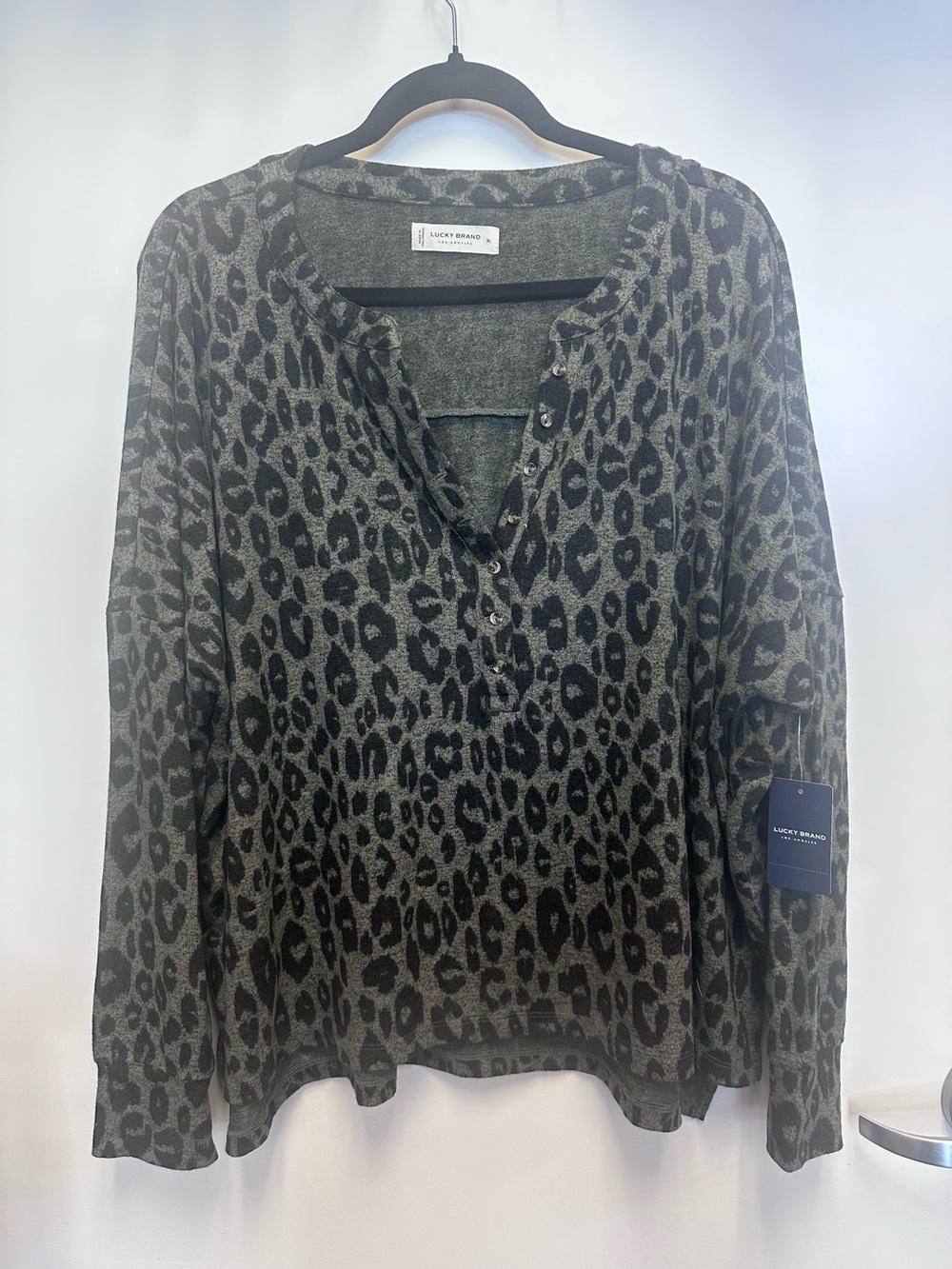 Lucky Brand Olive Green Leopard-Print Henley Top